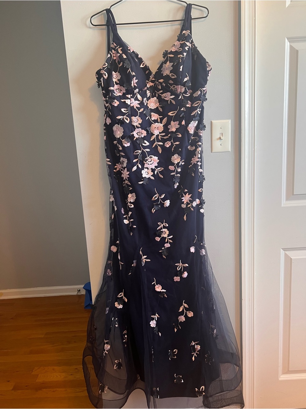 Night Way Collections Blue Gown with Pink Floral Embroidery